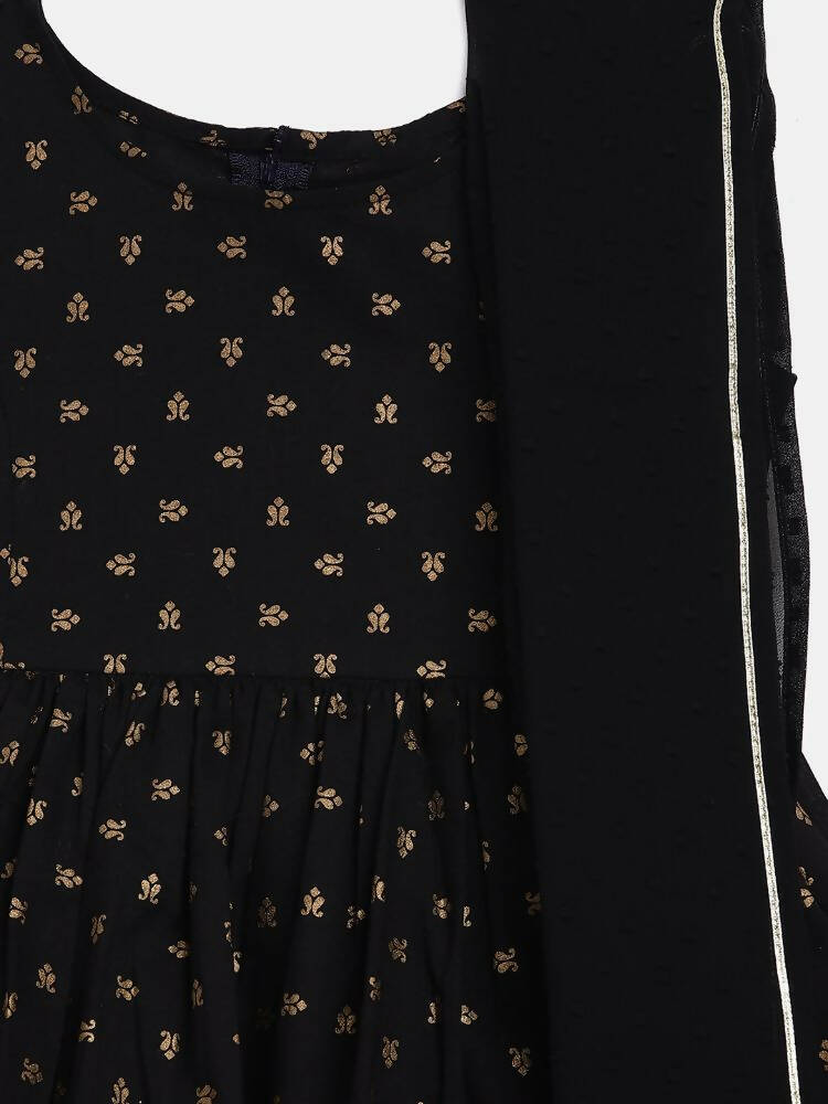 Ahalyaa Black Cotton Gold Print Kids Kurta Sharara Sets For Girls