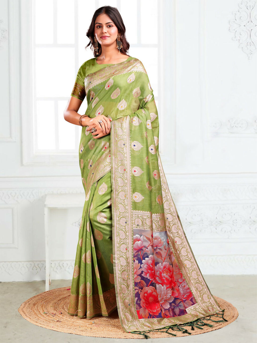 Shree Shyam Fashion Linen Cotton Green Saree - Distacart