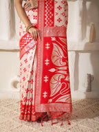 Shree Shyam Fashion Linen Cotton Red & White Saree - Distacart
