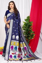 Jyoti Fashion Women's Navy Blue Paithani Silk Zari Woven Saree with Blouse
