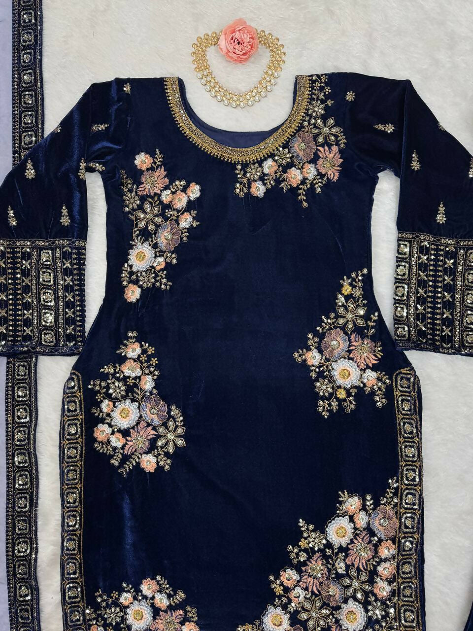 Vastranavya Navy Blue Viscose Velvet Sequence Embroidery Work Kurta & Bottom With Dupatta - Distacart
