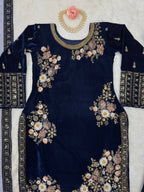 Vastranavya Navy Blue Viscose Velvet Sequence Embroidery Work Kurta & Bottom With Dupatta - Distacart