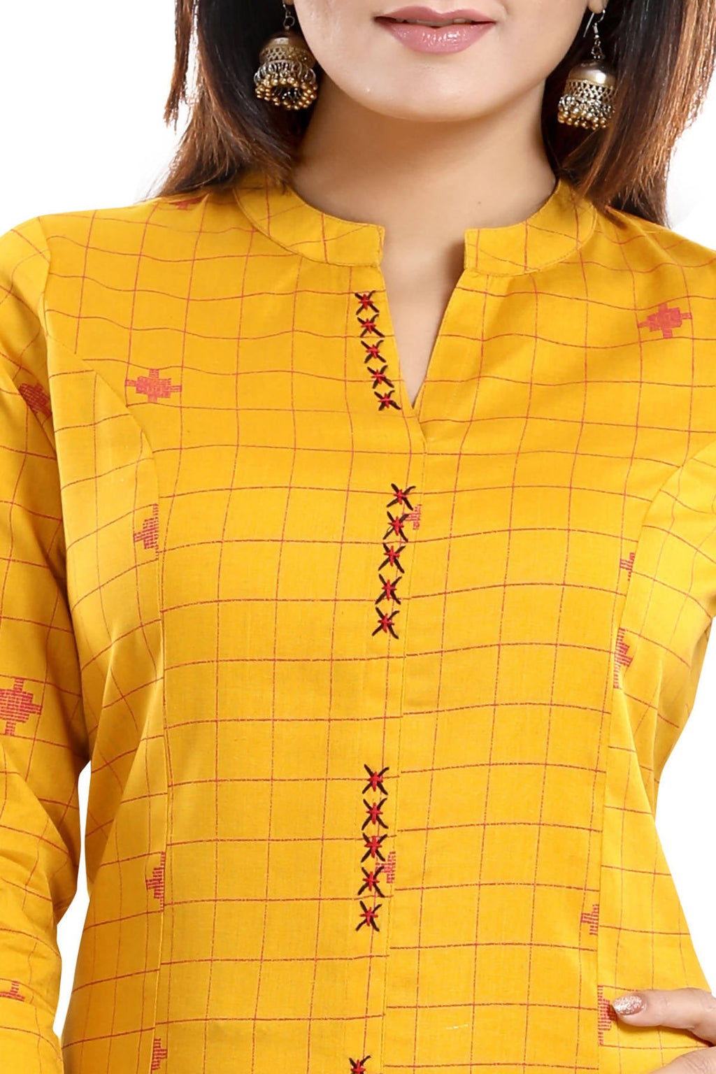 Snehal Creations Checkered Print Yellow Long Cotton Kurti - Distacart