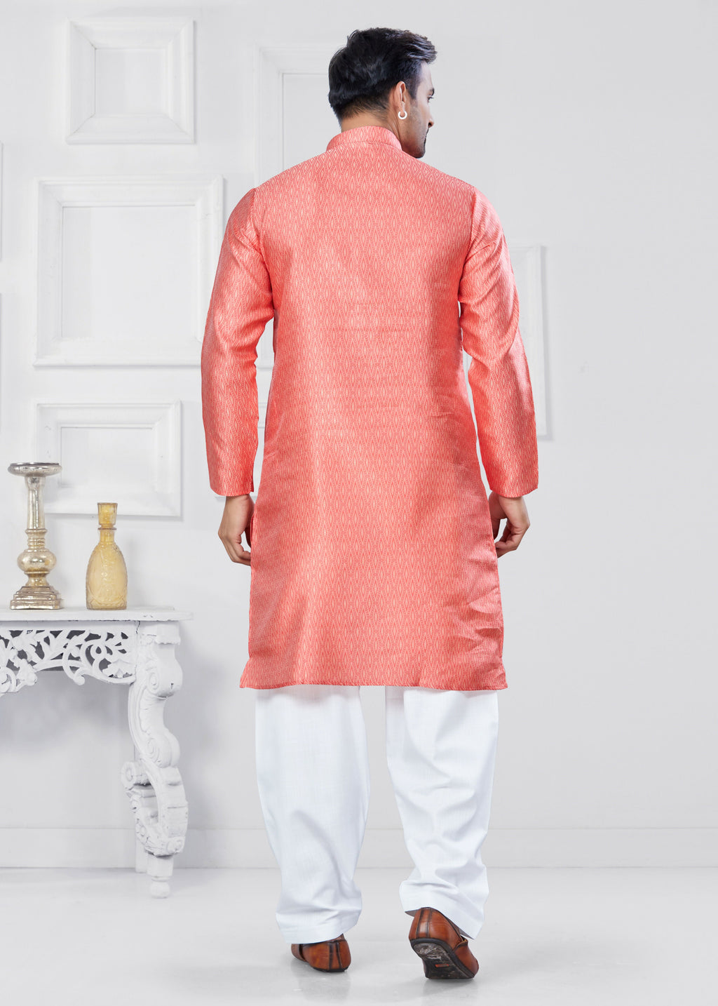 Joban Fashion Men's Jacquard Silk Pink Printed Kurta Pyjama set