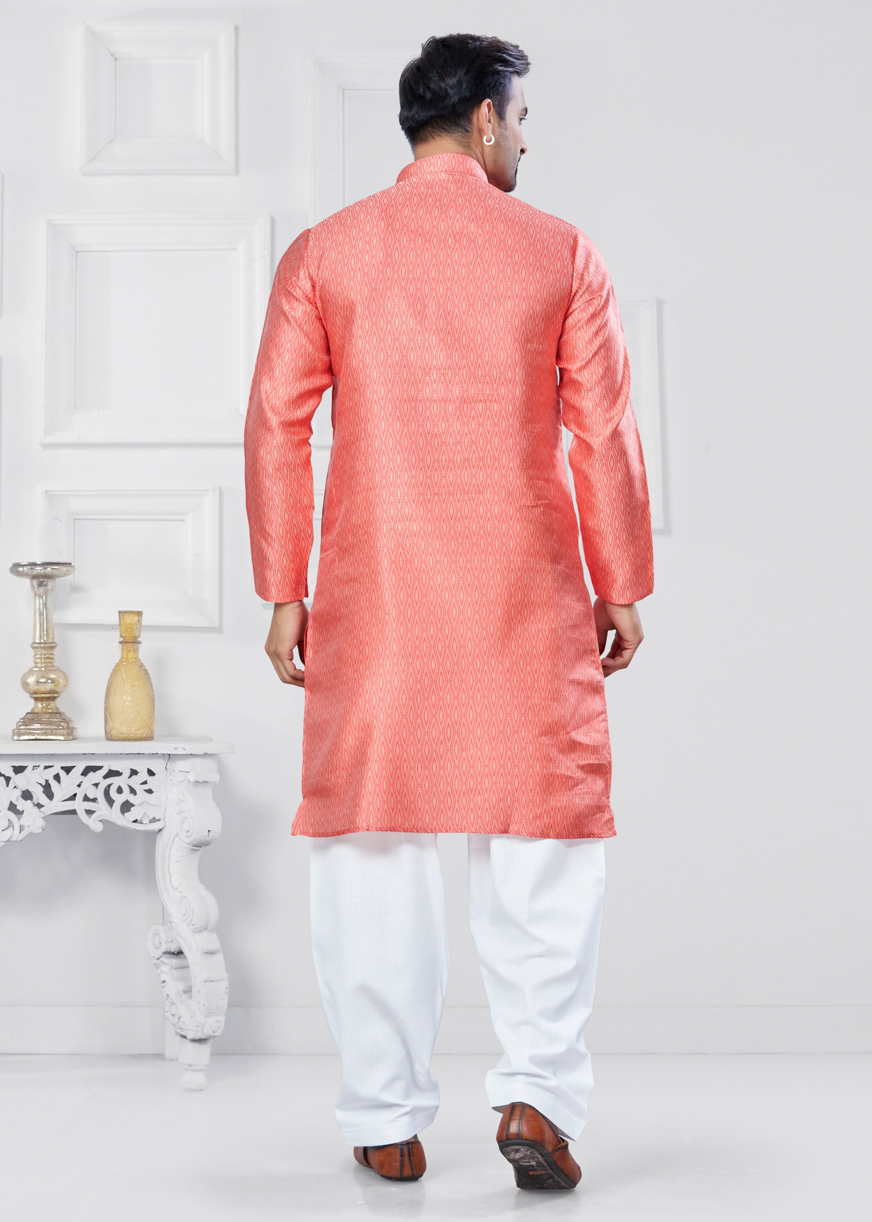Joban Fashion Men's Jacquard Silk Pink Printed Kurta Pyjama set
