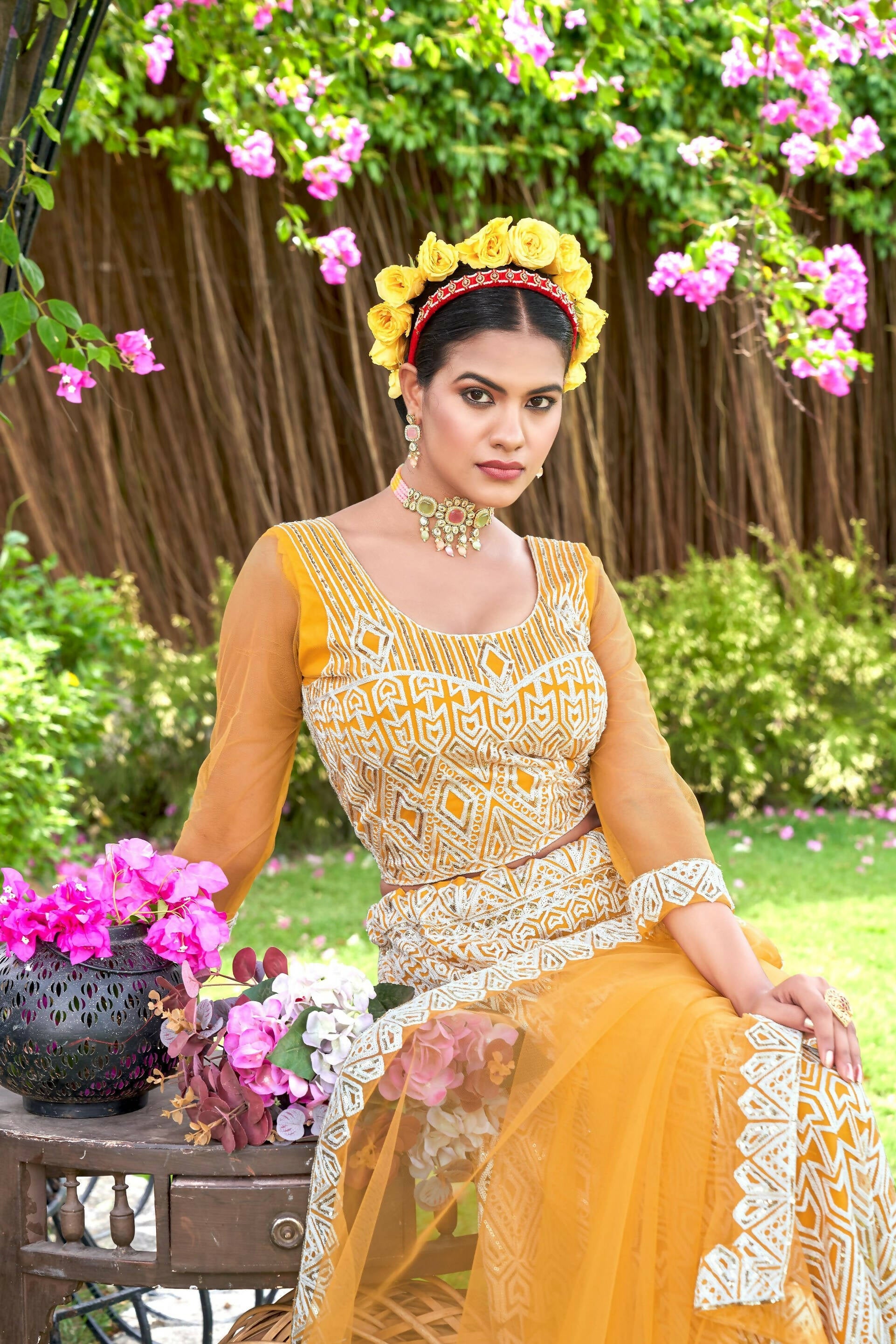 Yellow Net Embroidered Semi Stitched Lehenga Choli with Dupatta - Bhagya