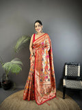 Joban Fashion Peach Intricate Floral & Foliate Motifs Soft Silk Paithani Saree - Distacart