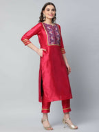Ahalyaa Womens Red Art Silk Printed Kurta Pant Set - Distacart