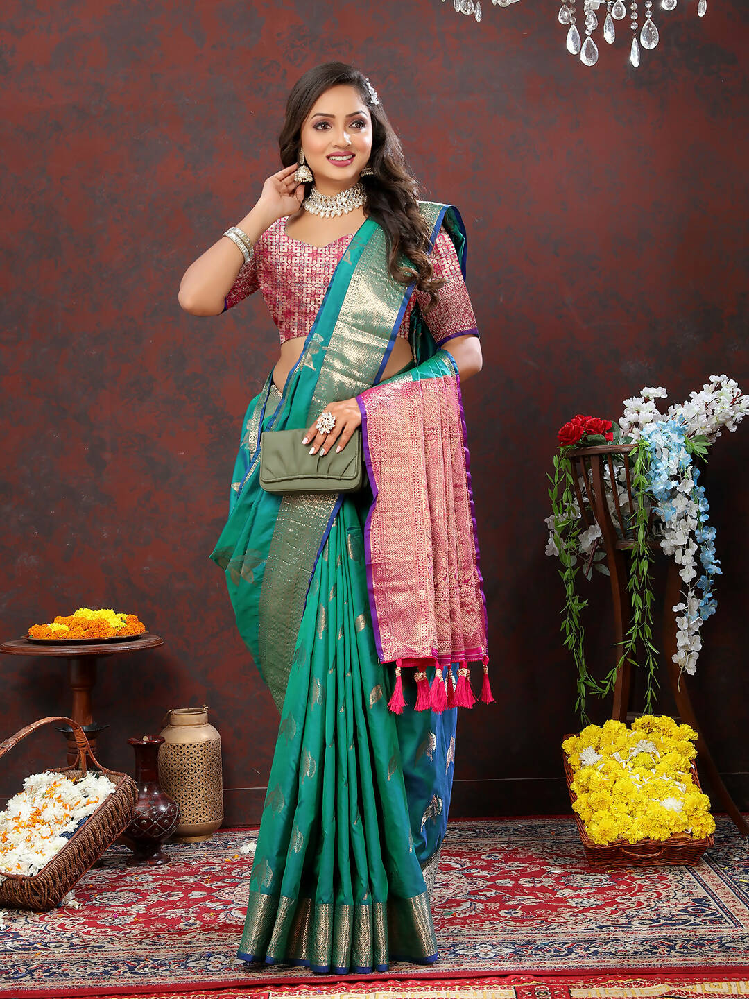 Lorenvalley Fashion Teal Soft Silk Woven Design Zari Weaving Saree
