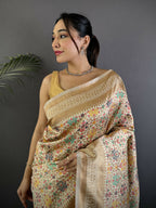 Joban Fashion Cream Intricate Floral & Woven Motifs Soft Silk Banarasi Saree