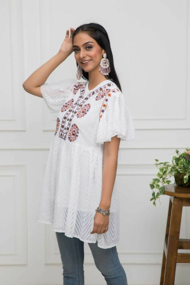 Myshka Women Solid V-Neck Flared Sleeves Synthetic Georgette White Top - Distacart