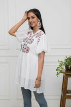 Myshka Women Solid V-Neck Flared Sleeves Synthetic Georgette White Top - Distacart