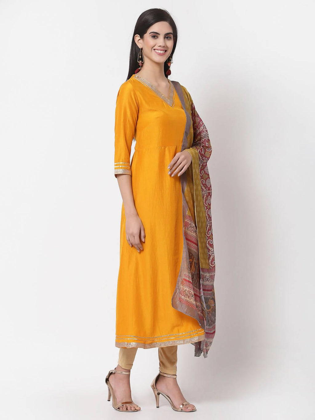 Myshka Yellow Printed Silk Blend 3/4 Sleeve V Neck Casual Kurta Dupatta Set