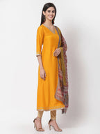 Myshka Yellow Printed Silk Blend 3/4 Sleeve V Neck Casual Kurta Dupatta Set