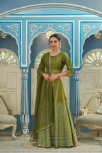 Juniper Green Bandhani Printed Shantoon Slub Lehenga Choli & Net Dupatta Set.