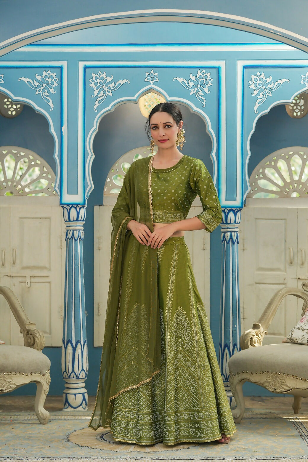 Juniper Green Bandhani Printed Shantoon Slub Lehenga Choli & Net Dupatta Set.