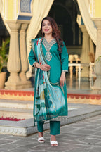 The52 Women's Beautiful Viscose Chanderi Fabric Embroidery Work Straight Kurta Pant and Dupatta Set - Distacart