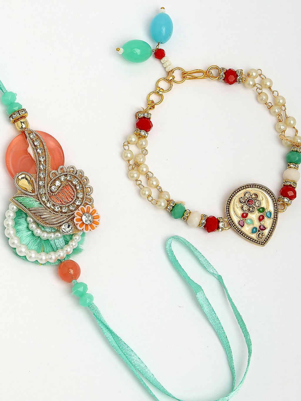 NVR Women & Men Set of 2 Multicolor Stone-Studded & Beaded Bhaiya Bhabhi Rakhi With Roli Chawal & Chocolate - Distacart