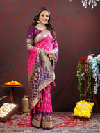 Vastranavya Pink Soft Patola Silk With Meenakari Weaving Motifs And Rich Zari Weaving Pallu Saree With Matching Blouse Fabric