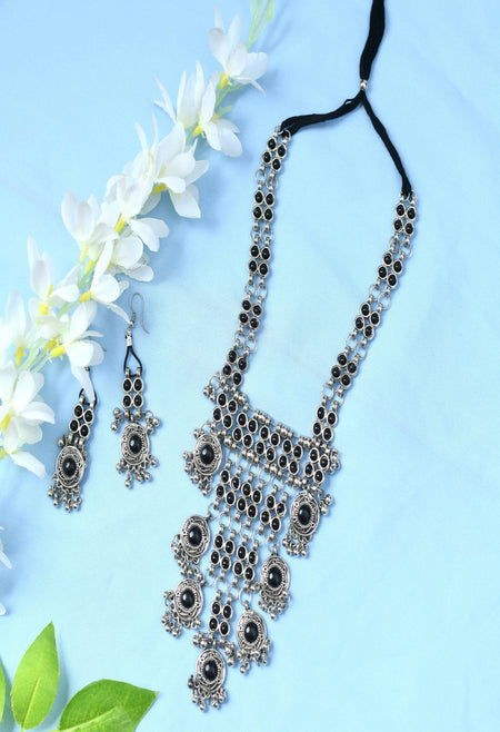 Mominos Fashion Johar Kamal Oxidised Silver-Plated Brass Finish Black Kundan Afghani Long Necklace For Women