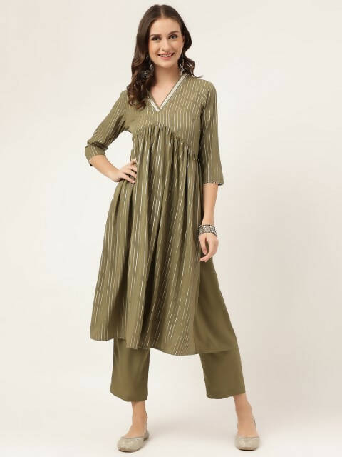 FIORRA Women's Olive Green Poly Crepe A-Line Kurta Set