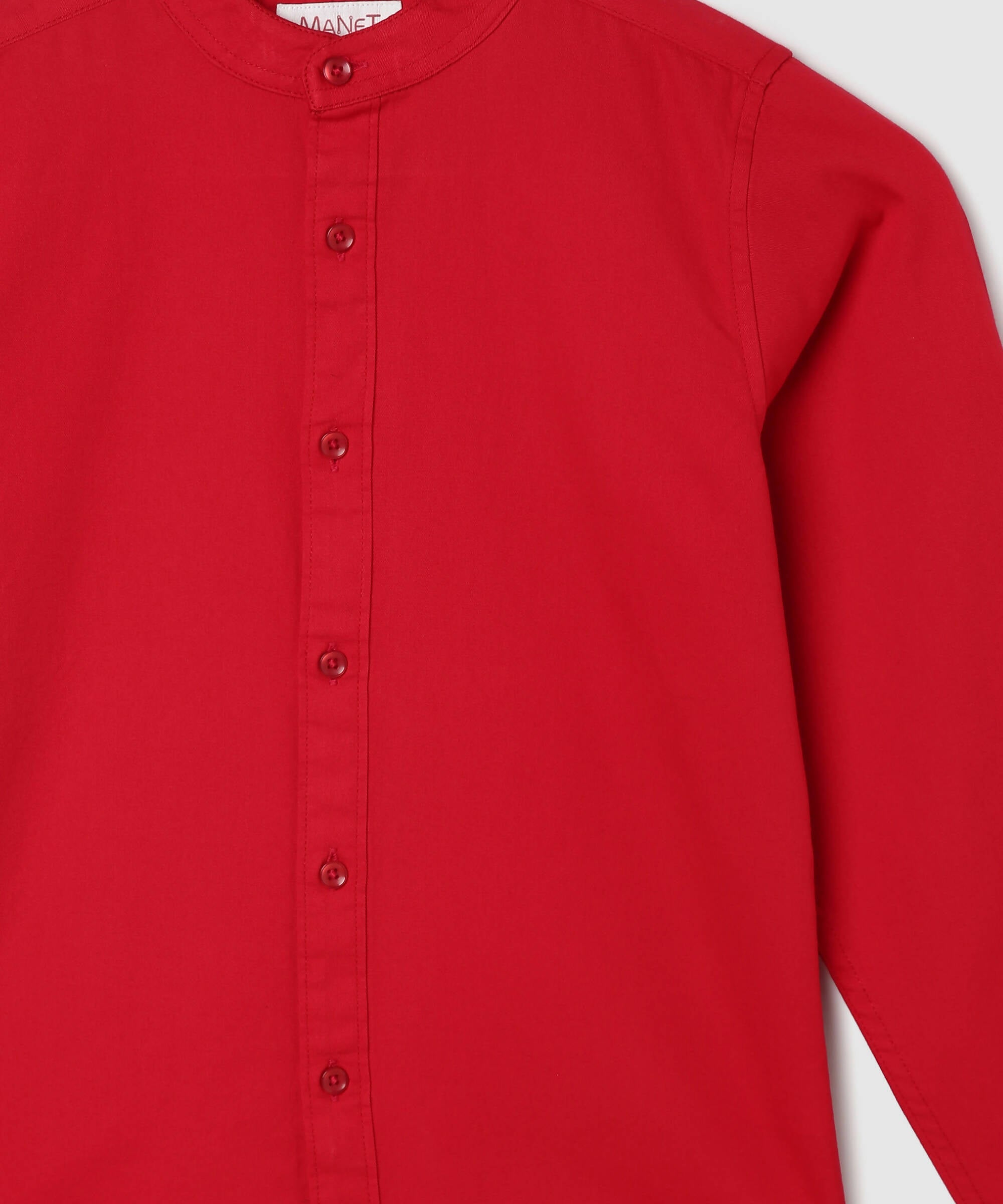 Manet Boys Mandarin Collar Full Sleeves Melange Shirt - Red