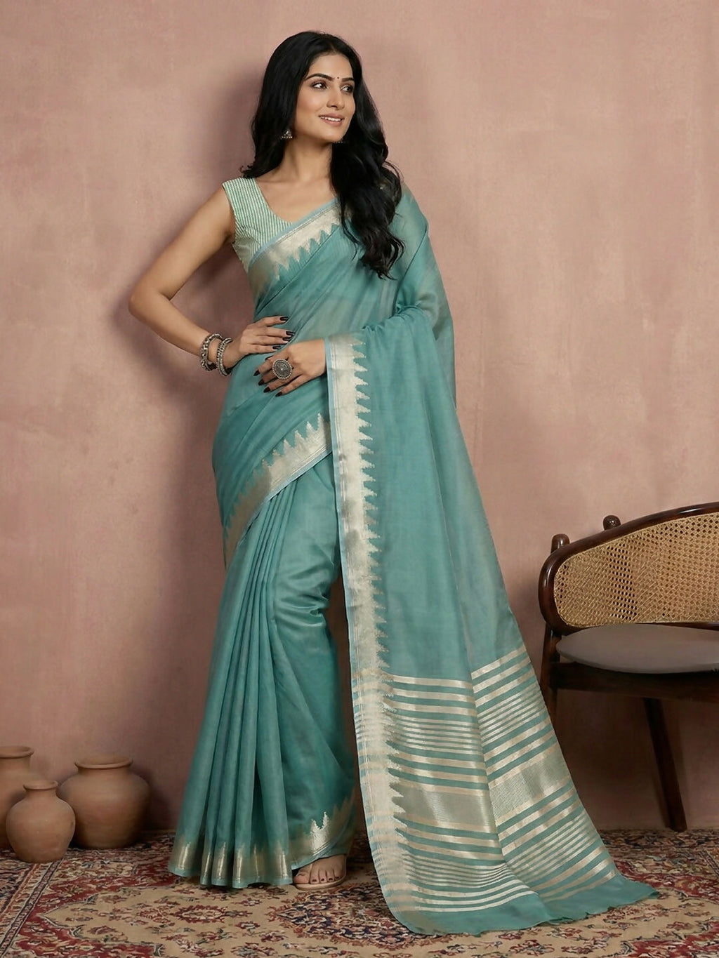 Shree Shyam Fashion Teal Cotton Saree - Distacart