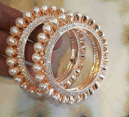 Mominos Fashion Trendy Gold-Polished American Diamond & Pearls Design Bangles