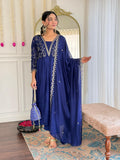 The52 Blue Women's Beautiful Embroidered Vichitra Silk Fabric with Flared Kurta, Pant and Dupatta Set - Distacart