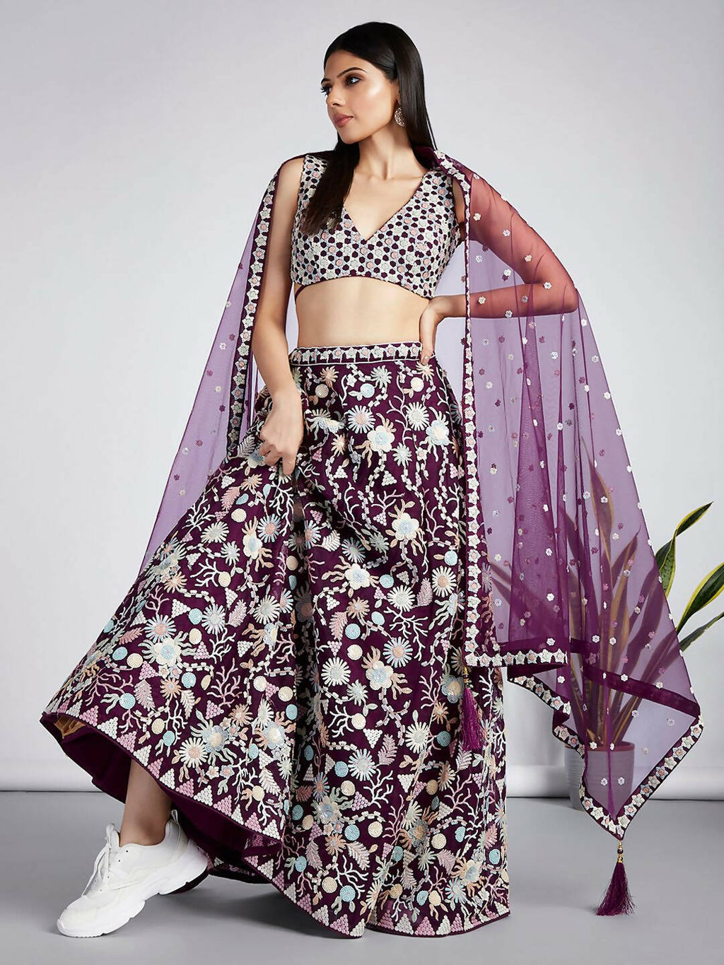 House of Panchhi Burgundy Net heavy Sequinse embroidery Semi-Stitched Lehenga choli & Dupatta