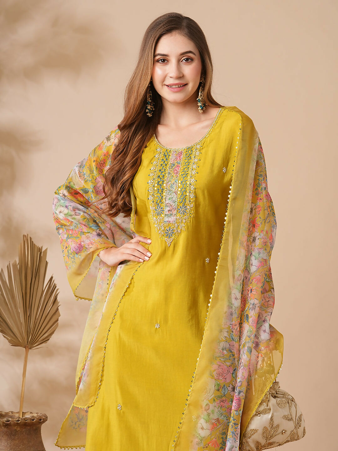 The52 Women's Beautiful Viscose Chanderi Fabric Embroidery Work Straight Kurta Pant and Dupatta Set - Distacart
