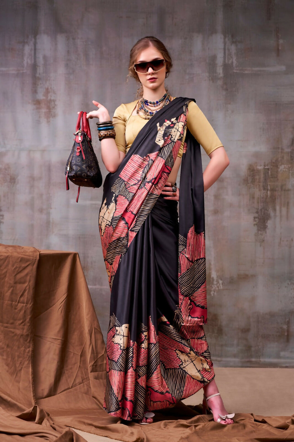 Vastranavya Black Satin Silk Printed Saree with a Natural Silk Unstitched Blouse - Distacart