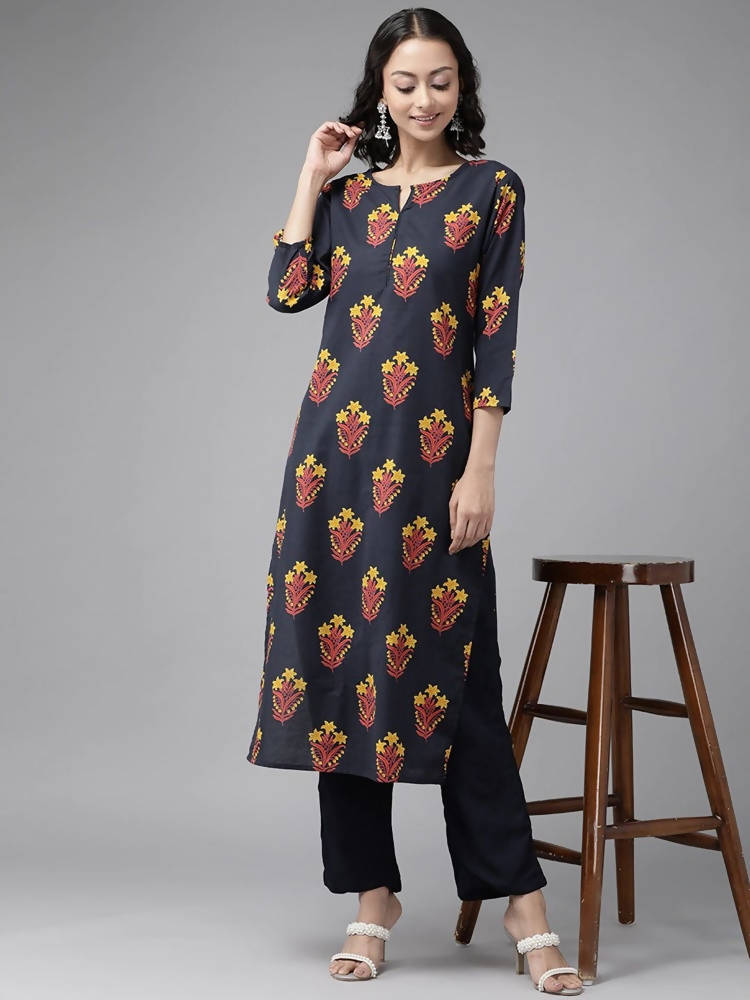 Yufta Navy Blue And Black Kurta And Palazzo Set
