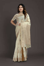Off White Pure Raw Silk Zari Woven Saree with Unstitched Blouse Piece - Alisha