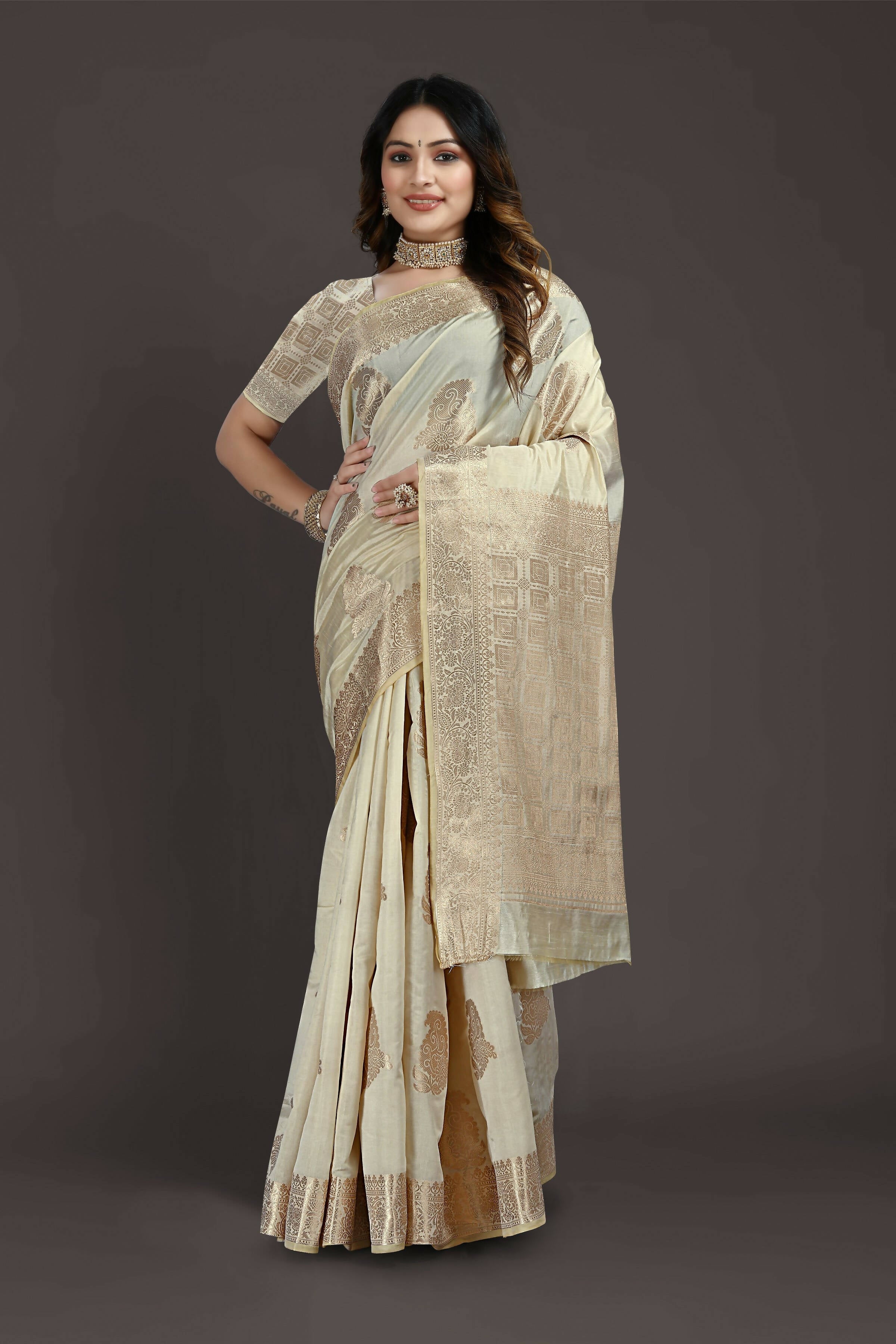 Off White Pure Raw Silk Zari Woven Saree with Unstitched Blouse Piece - Alisha