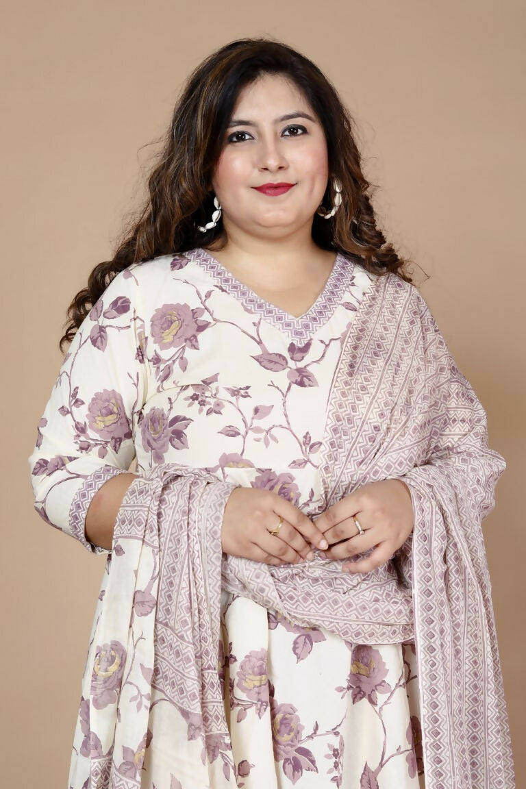 Miravan Women's Plus Size Pink Floral Print Anarkali Kurta With Palazzo & Dupatta Set