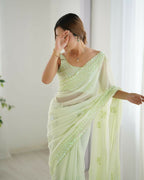 Attractive Looking Georgette Thread, Sequance Embroidery Work Party Wear Saree - Pista