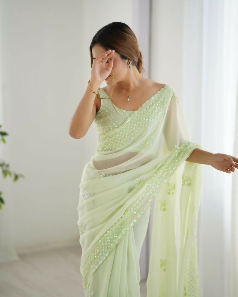 Attractive Looking Georgette Thread, Sequance Embroidery Work Party Wear Saree - Pista
