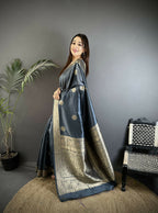Joban Fashion Grey Floral Jacquard Woven Design Cotton Silk Banarasi Silk Saree - Distacart
