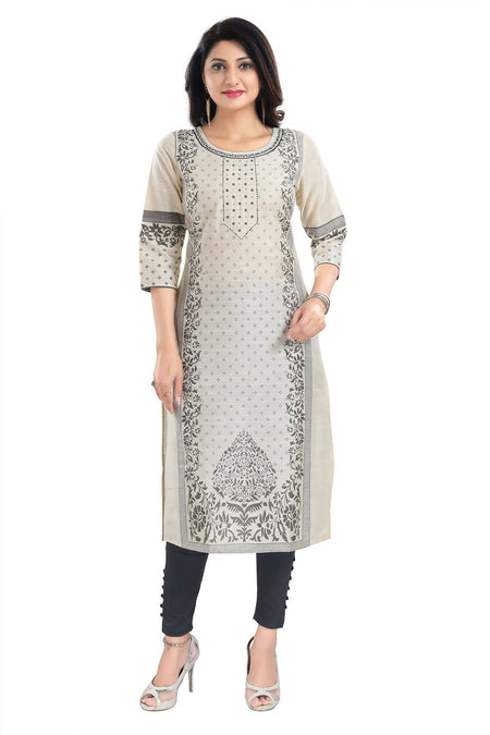 Snehal Creations Cream Raw Silk Block Print Long Kurta For Women