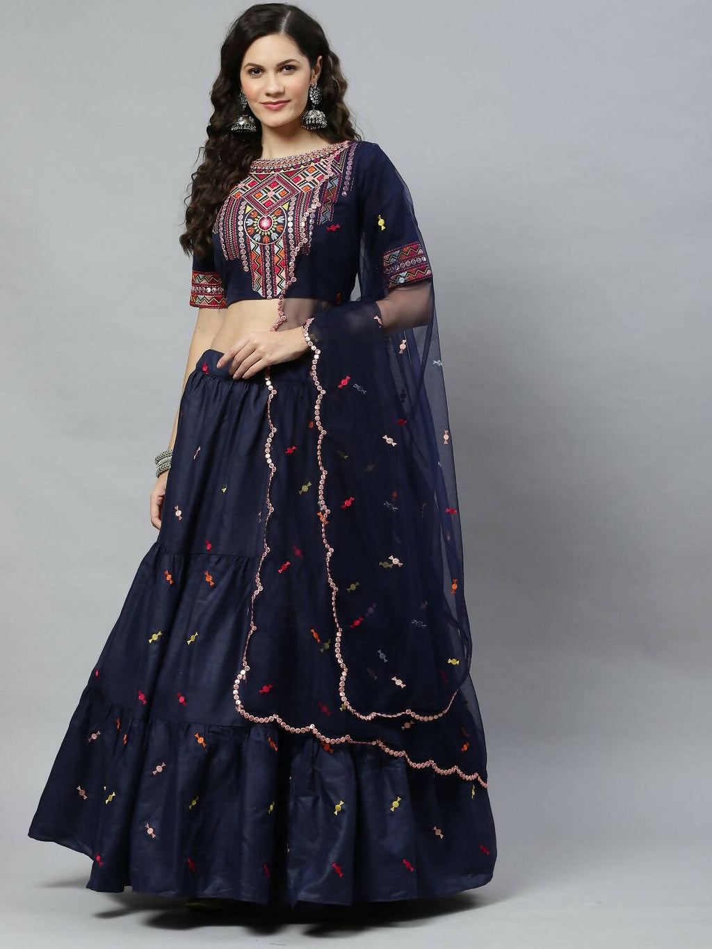 Navy Blue Cotton Embroidered Work Lehenga Choli with Dupatta - Jivika