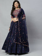 Navy Blue Cotton Embroidered Work Lehenga Choli with Dupatta - Jivika