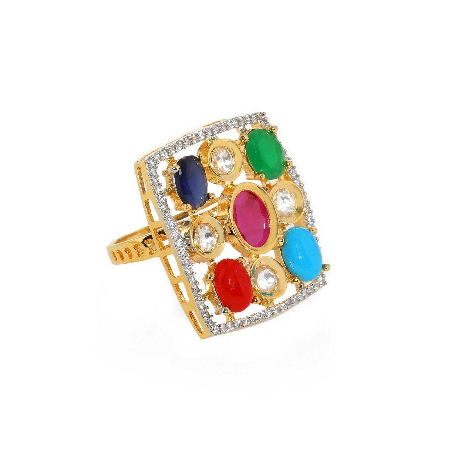 Navratan Kundan Ring (Multi Color) - Ruby Raang