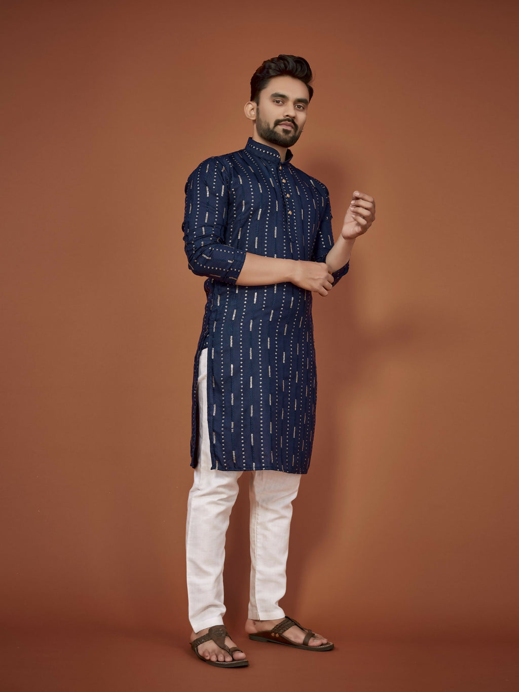 Anaita Navy Blue Embroidered Cotton Straight Kurta