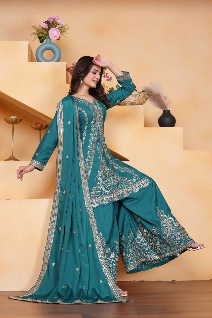 Teeya Creation Teal Color Natural Crepe Silk Wedding Wear Trending Palazzo Set - Distacart