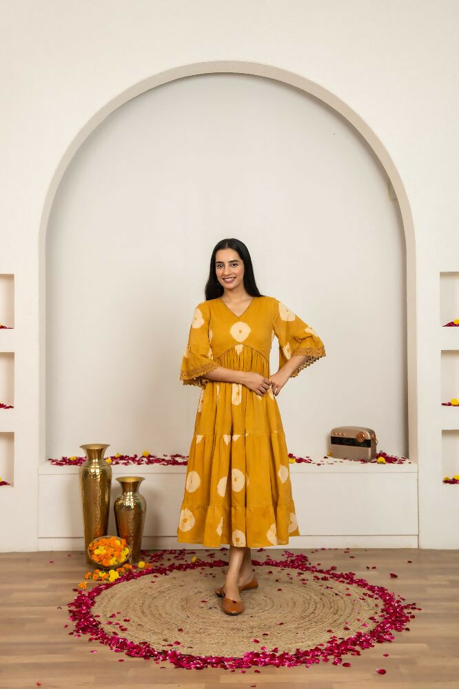Joban Fashion Mustard Yellow Tie & Dye Cotton Dress - Distacart