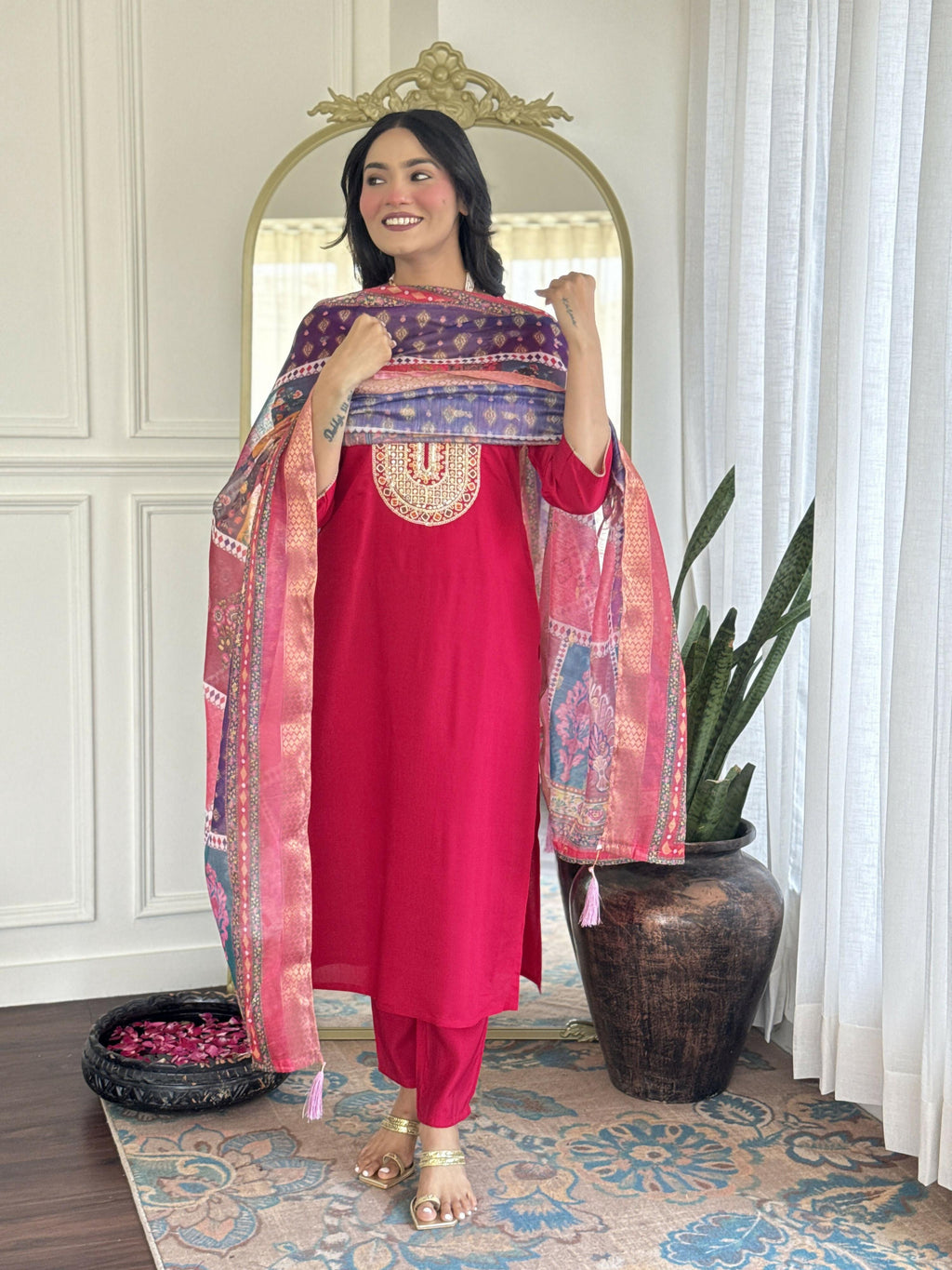 The52 Rani Gorgeous Embroidered Chanderi Silk Fabric Straight Kurta Pant with Dupatta Set - Distacart