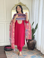 The52 Rani Gorgeous Embroidered Chanderi Silk Fabric Straight Kurta Pant with Dupatta Set - Distacart
