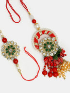 NVR Women & Men Set of 2 Red & Gold Toned Stone-Studded & Beaded Bhaiya Bhabhi Rakhi With Roli Chawal - Distacart