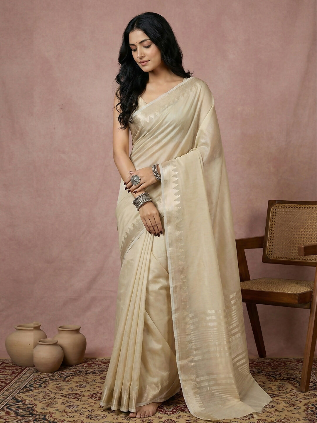 Shree Shyam Fashion Cream Cotton Saree - Distacart